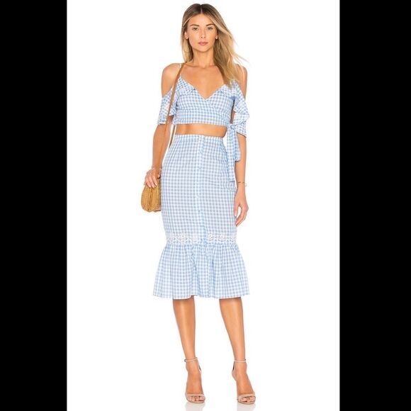 TULAROSA Molina Cropped Pastel Blue Gingham Wrap Blouse Size XS by Revolve - Picture 4 of 11
